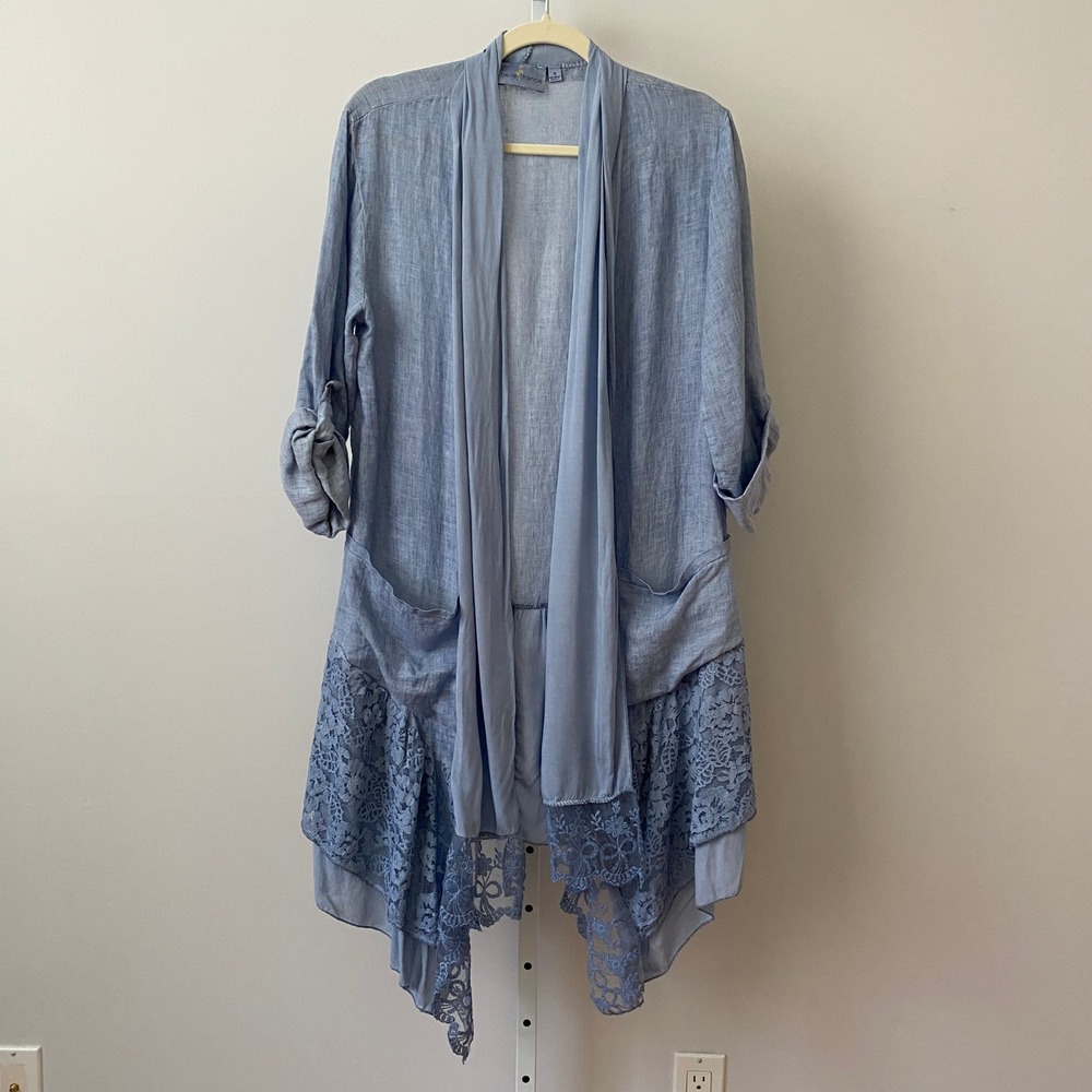 Belle France Linen Boho Lagenlook Lace Trim Duster Cardigan M Blue